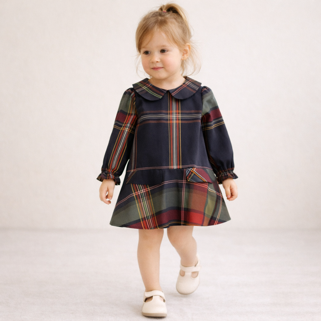 Classic Plaid Scottish Girls' Dress, Navy blue Plaid, 3T | ONEAKIDS Classic Plaid Scottish Girls' Dress, Navy blue Plaid, 3T | ONEAKIDS