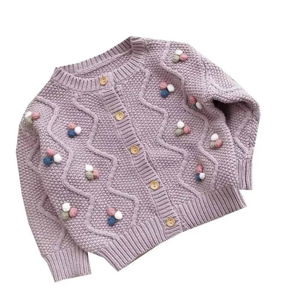 Knitted Cardigan with Colorful Pom-Pom