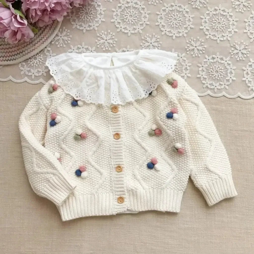 Knitted Cardigan with Colorful Pom-Pom