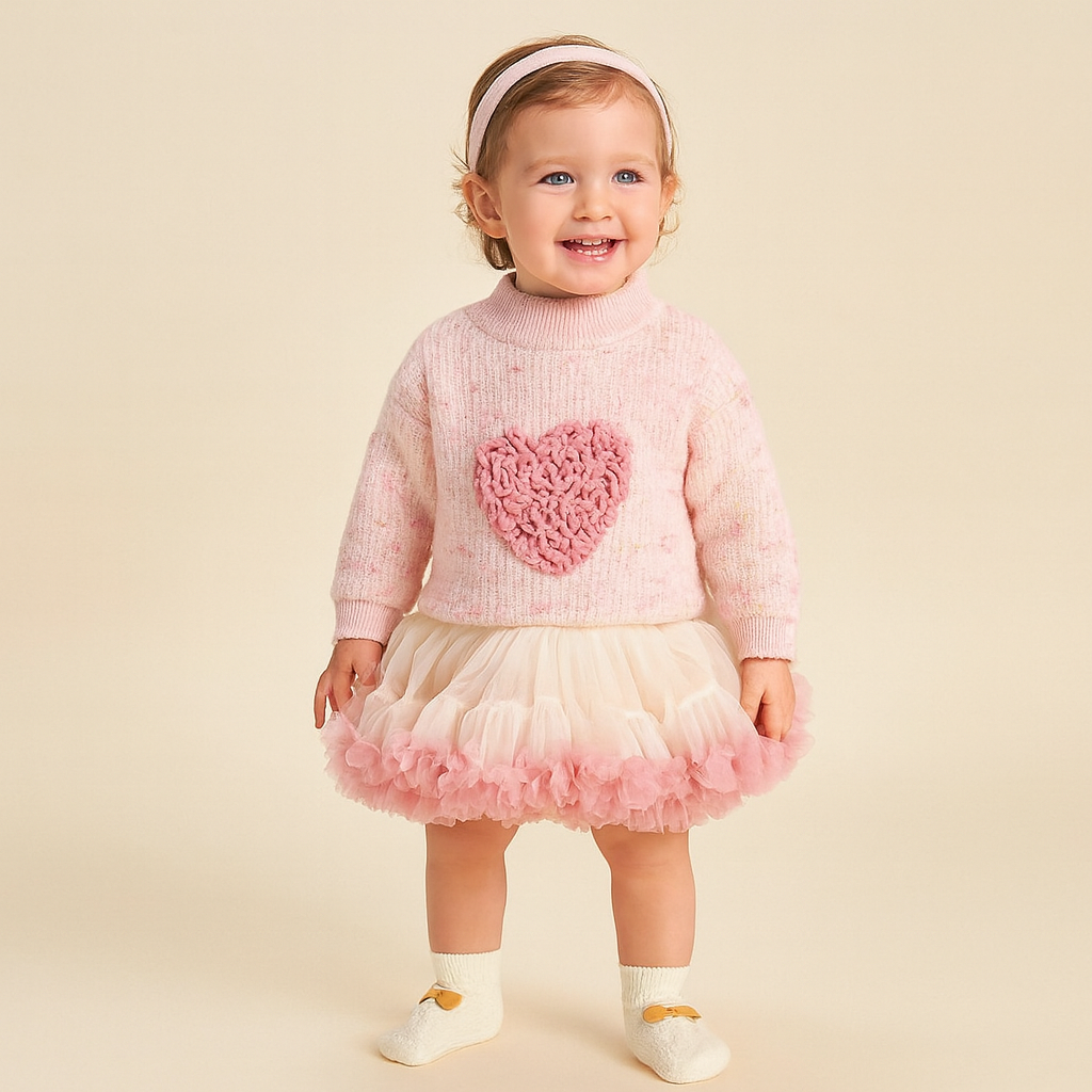 Knitted Heart Sweater & Ruffle Skirt