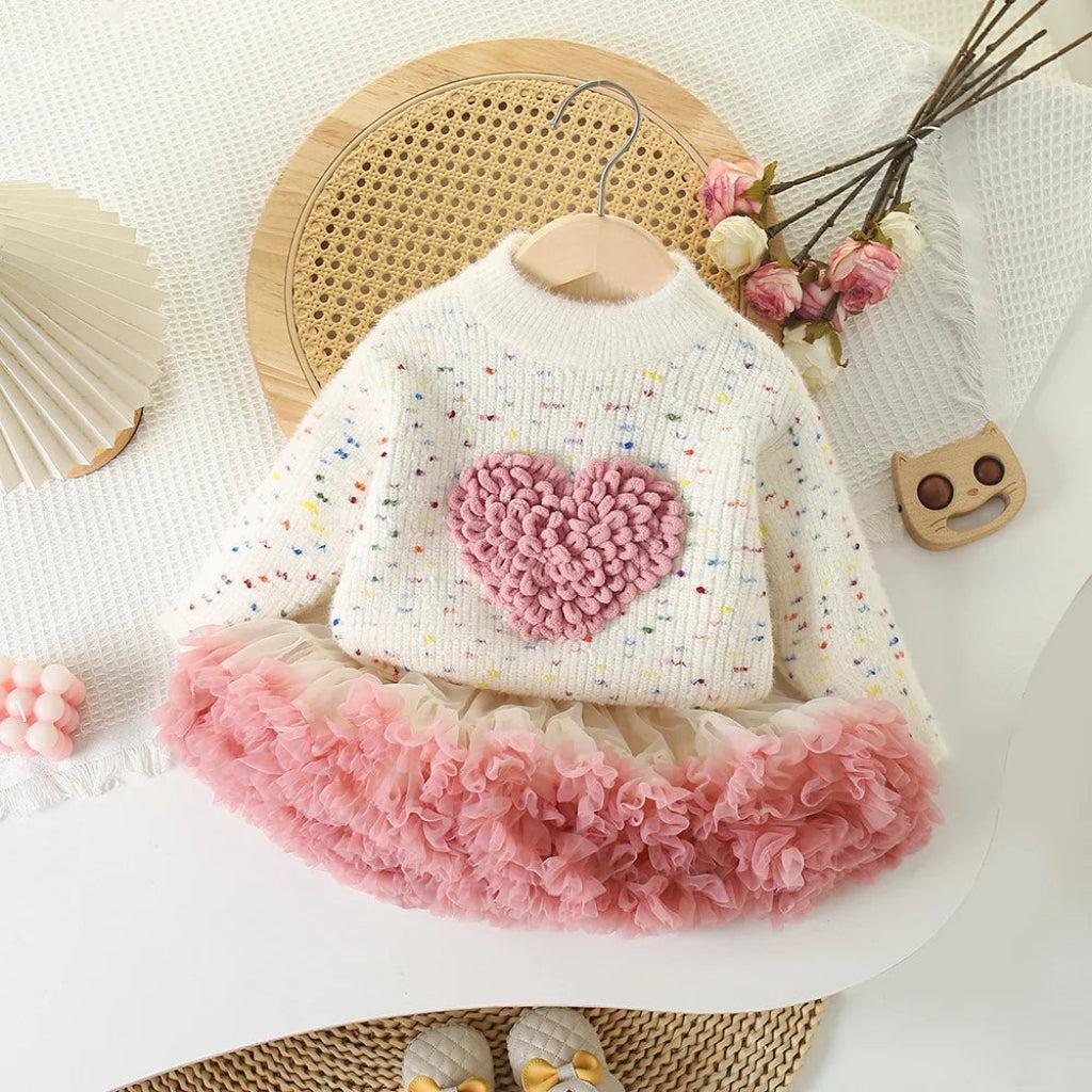 Knitted Heart Sweater & Ruffle Skirt