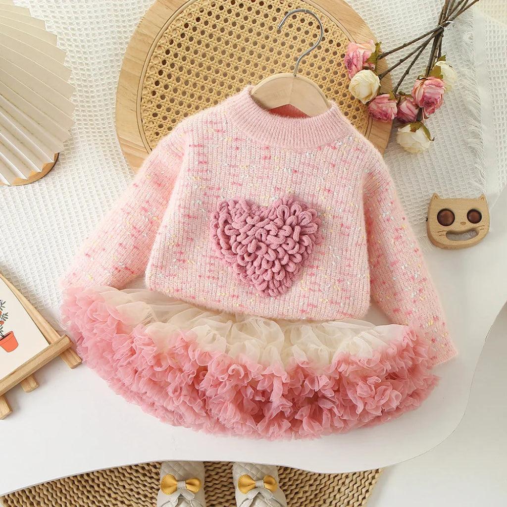 Knitted Heart Sweater & Ruffle Skirt