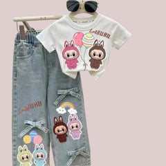 Children's t-shirt and jeans set with cartoon characters and 'LABUBU' branding on a white background.