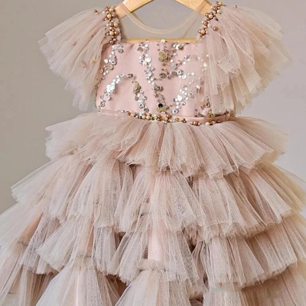 Sequin Princess Cake Dress in Beige Pink