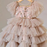 Sequin Princess Cake Dress in Beige Pink