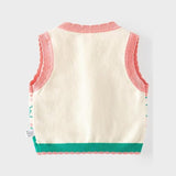 Pull-over sans manches en tricot confortable à col en V et motif floral pour fille
