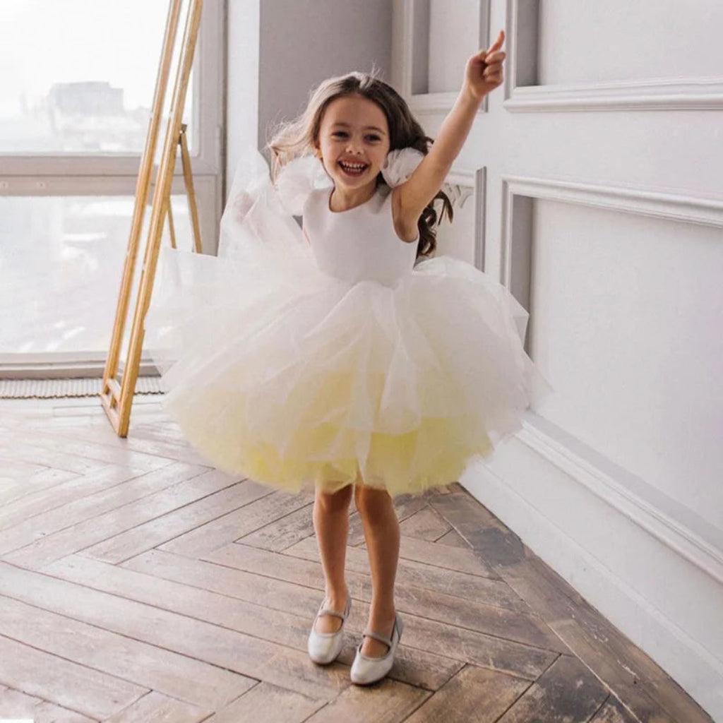 White-Yellow Tulle Audrey Flower Girl Dress