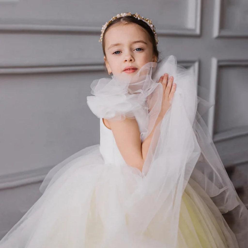 White-Yellow Tulle Audrey Flower Girl Dress