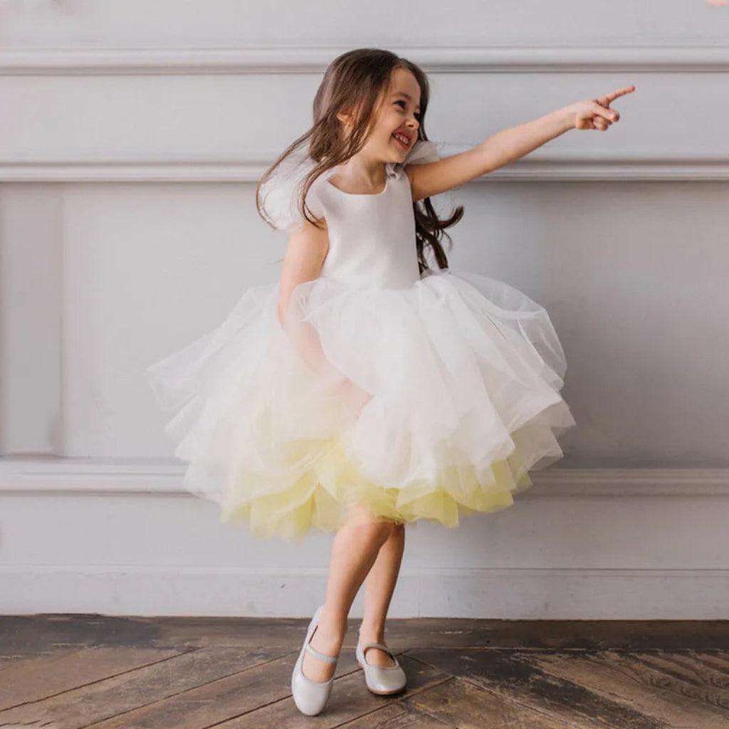 White-Yellow Tulle Audrey Flower Girl Dress