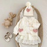Heart Patch Knit Cardigan with Hat