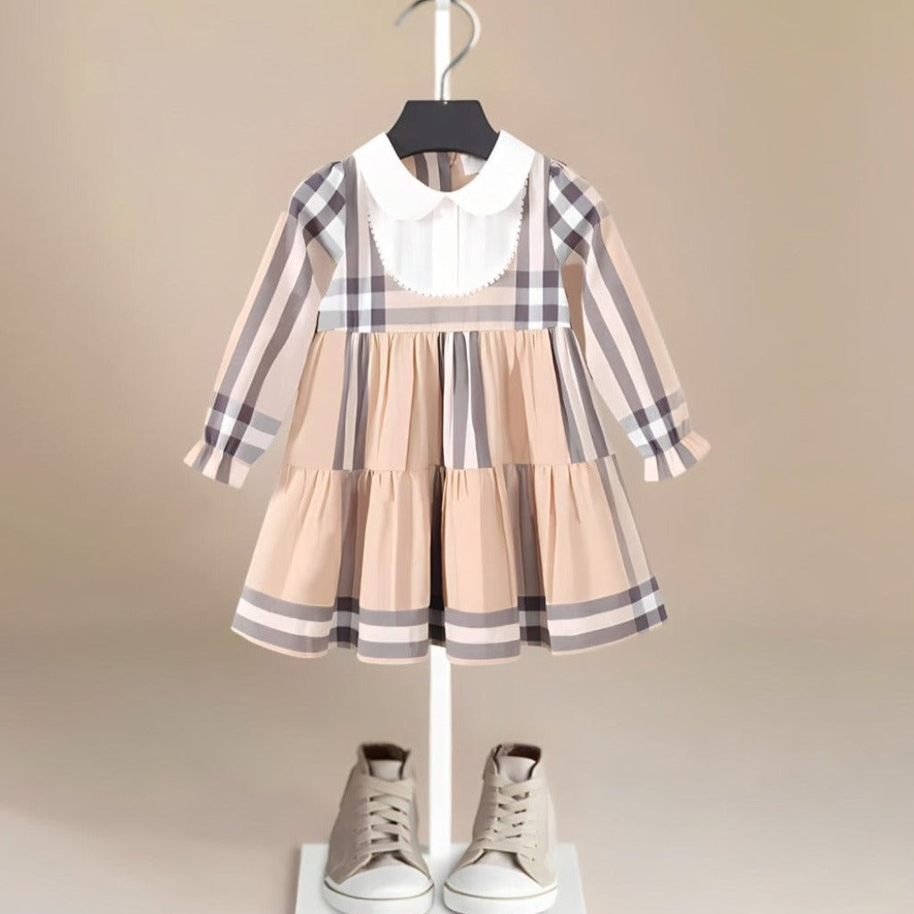 Vintage Breathable Beige Plaid Girls' Dress