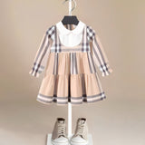 Vintage Breathable Beige Plaid Girls' Dress