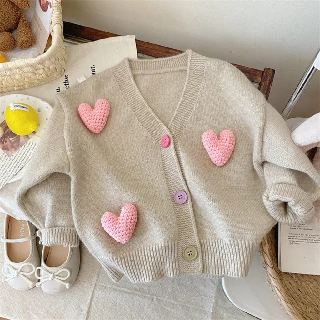 ONEAKIDS Baby & Toddler clothing 2T / BEIGE Knit Cotton Cardigan with Hearts
