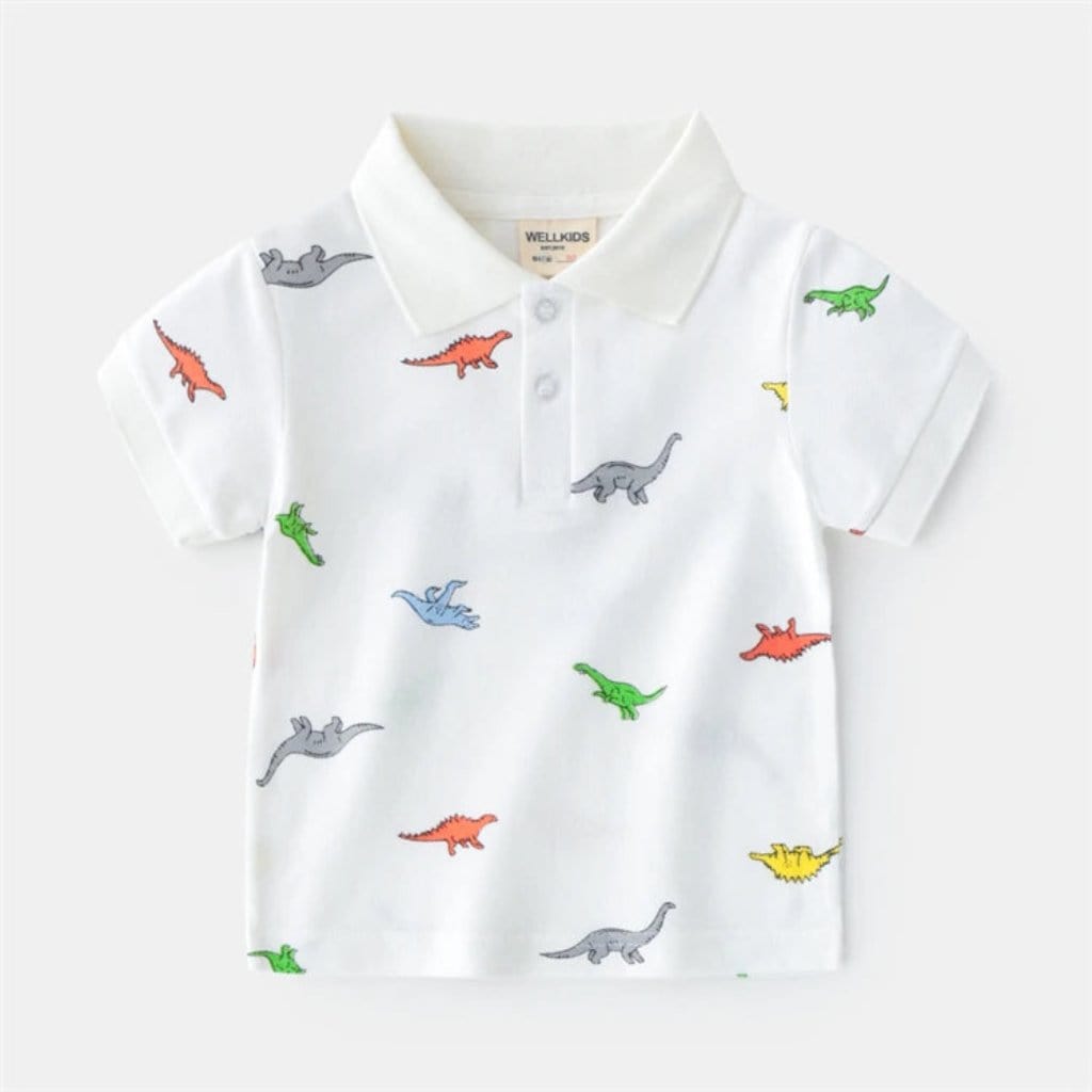 ONEAKIDS Baby & Toddler clothing 2T / WHITE Kids Short Sleeve Dinosaur Polo Shirt