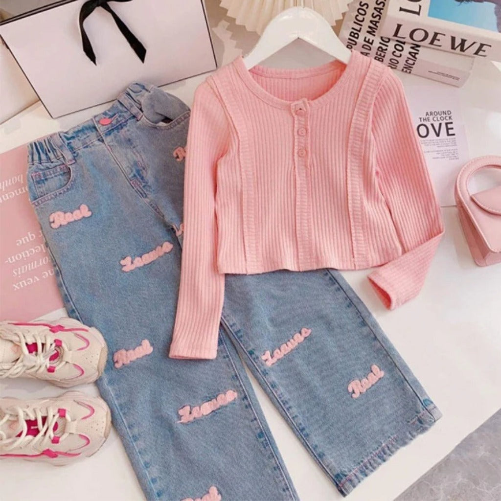 ONEAKIDS Baby & Toddler clothing Girls' Denim Pants and Pink Top Set