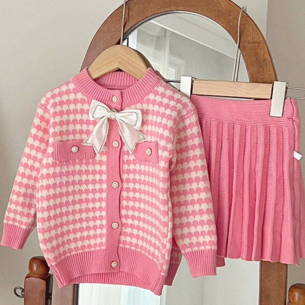 ONEAKIDS Baby & Toddler clothing PINK / 3-6M Knit Cotton Girls' Cardigan & Skirt Set