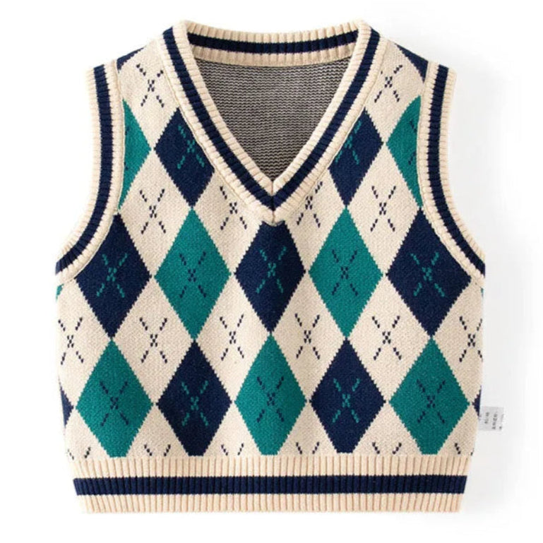 ONEAKIDS Baby & Toddler clothing WHITE / 6-12M Boys Sweater Vest V Neck Argyle Sleeveless Uniform