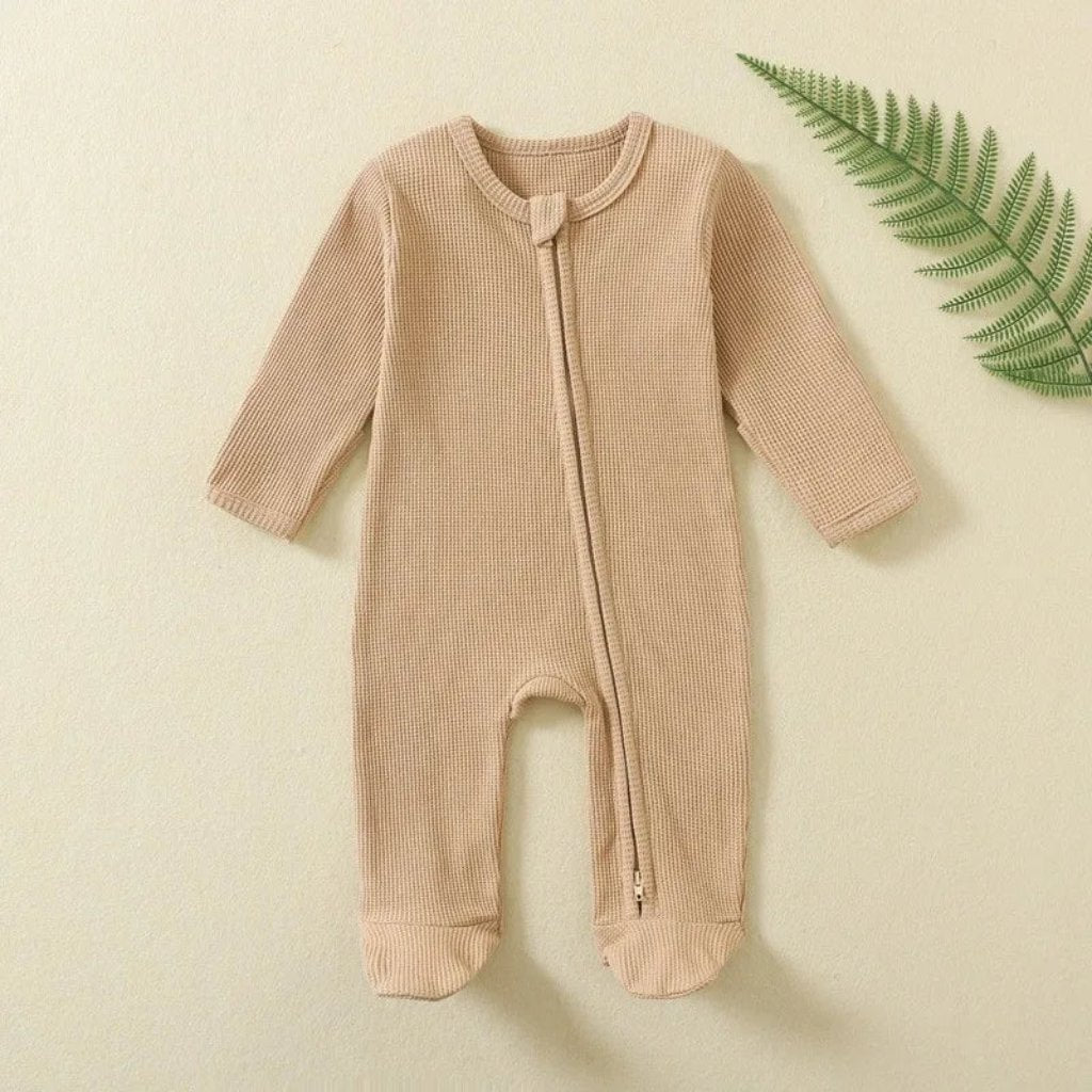 ONEAKIDS Baby & Toddler Outfits 0-3M / BEIGE Organic Cotton Double Zipper Baby Romper