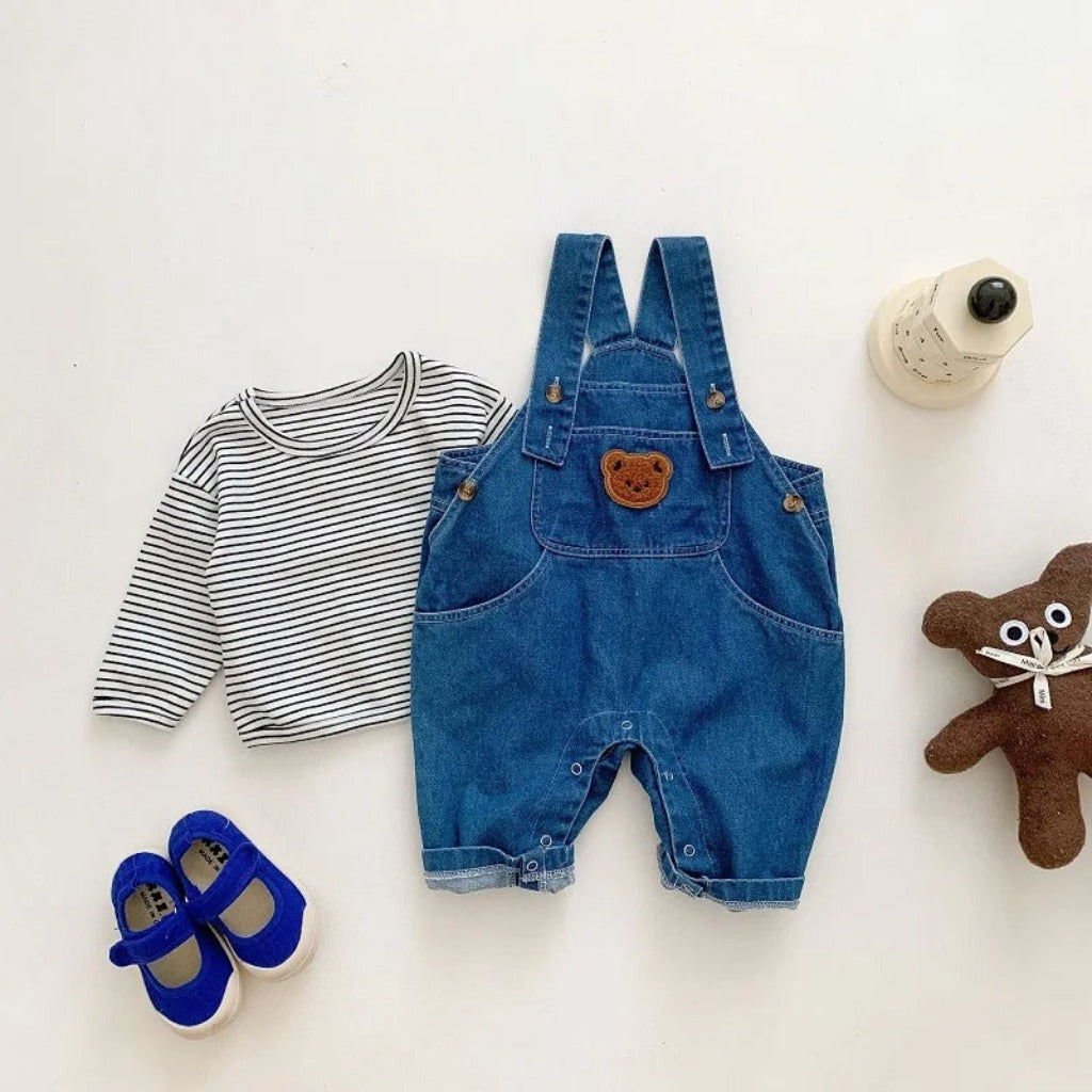 ONEAKIDS Baby & Toddler Outfits 0-3M Denim Bear Baby Jumpsuit & Striped T-Shirt Set