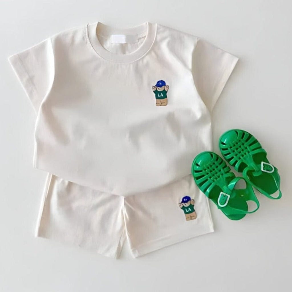 ONEAKIDS Baby & Toddler Outfits 6-12M / WHITE LA Bear Shorts & T-Shirt Unisex Matching Set
