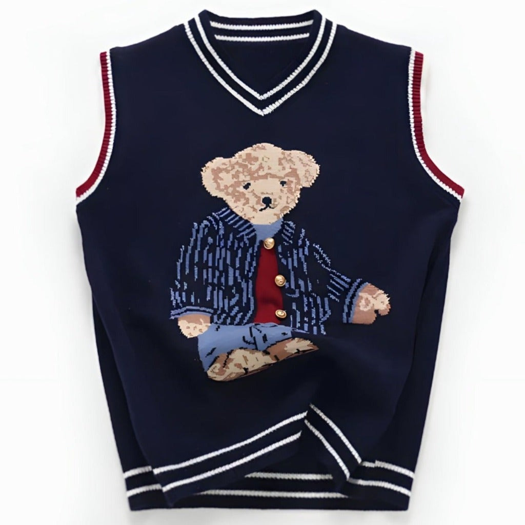ONEAKIDS Baby & Toddler Outfits Bear Knit Cotton Sleeveless Pullover in Navy Blue