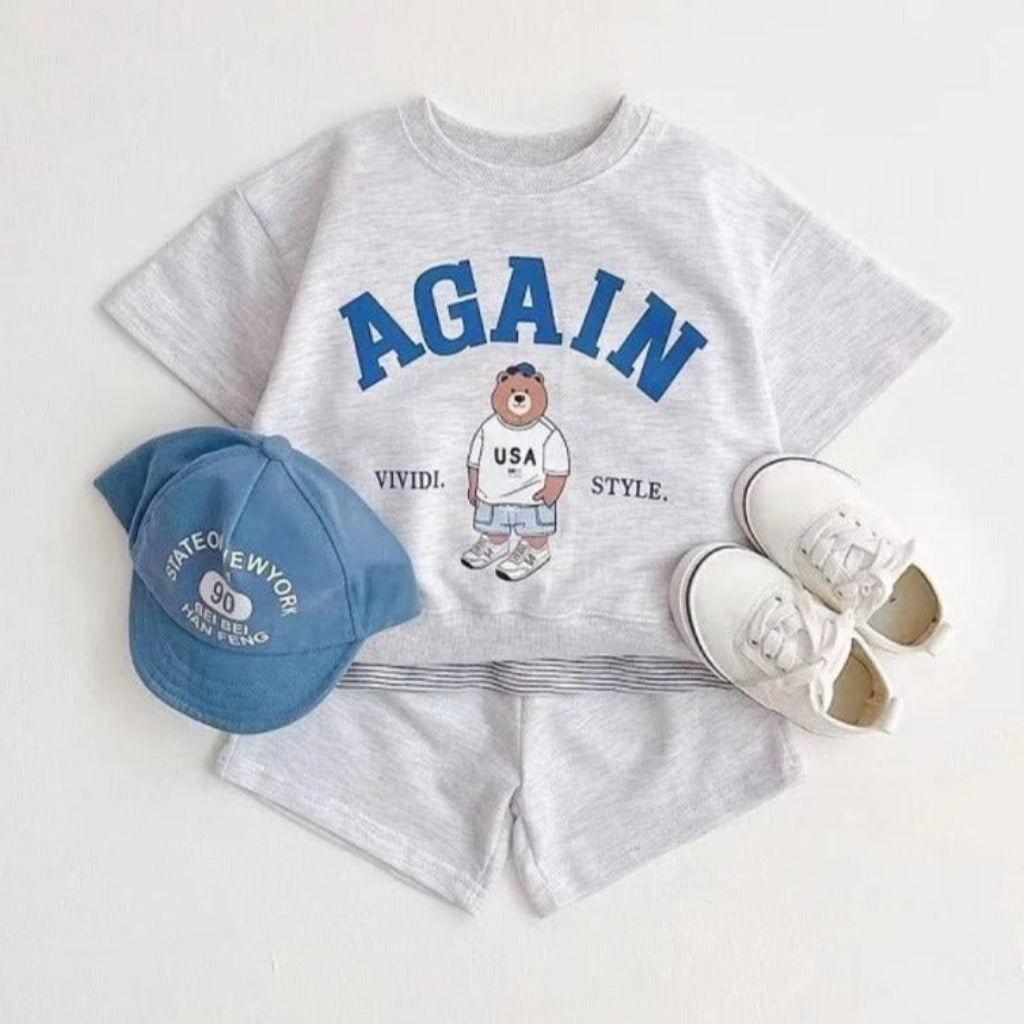 ONEAKIDS Baby & Toddler Outfits GRAY / 12-18M AGAIN Bear Unisex T-Shirt and Shorts Sets