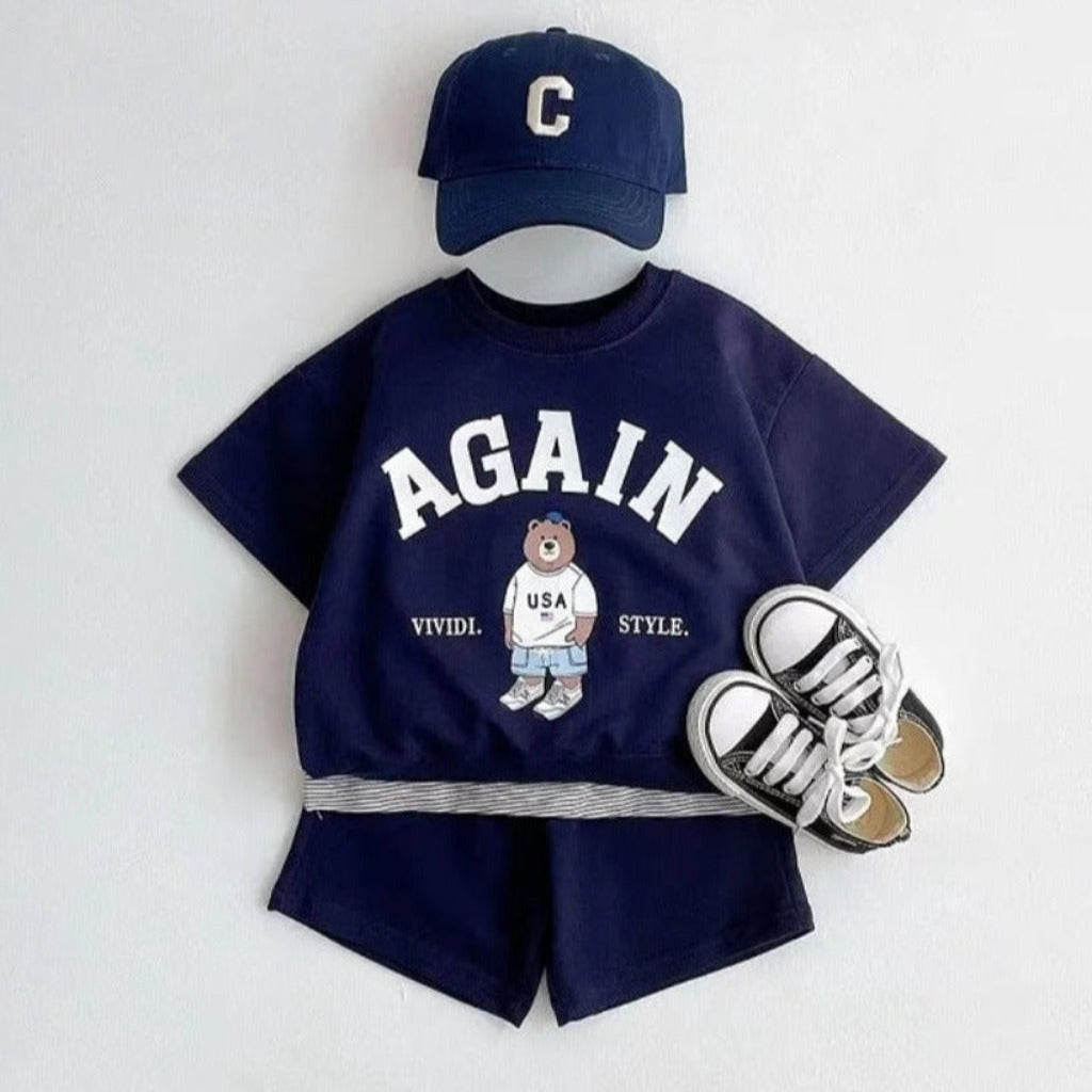 ONEAKIDS Baby & Toddler Outfits NAVY / 12-18M AGAIN Bear Unisex T-Shirt and Shorts Sets