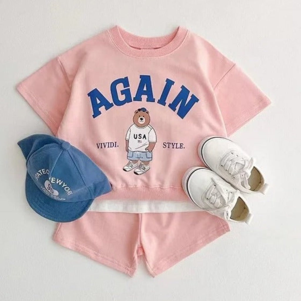ONEAKIDS Baby & Toddler Outfits PINK / 12-18M AGAIN Bear Unisex T-Shirt and Shorts Sets