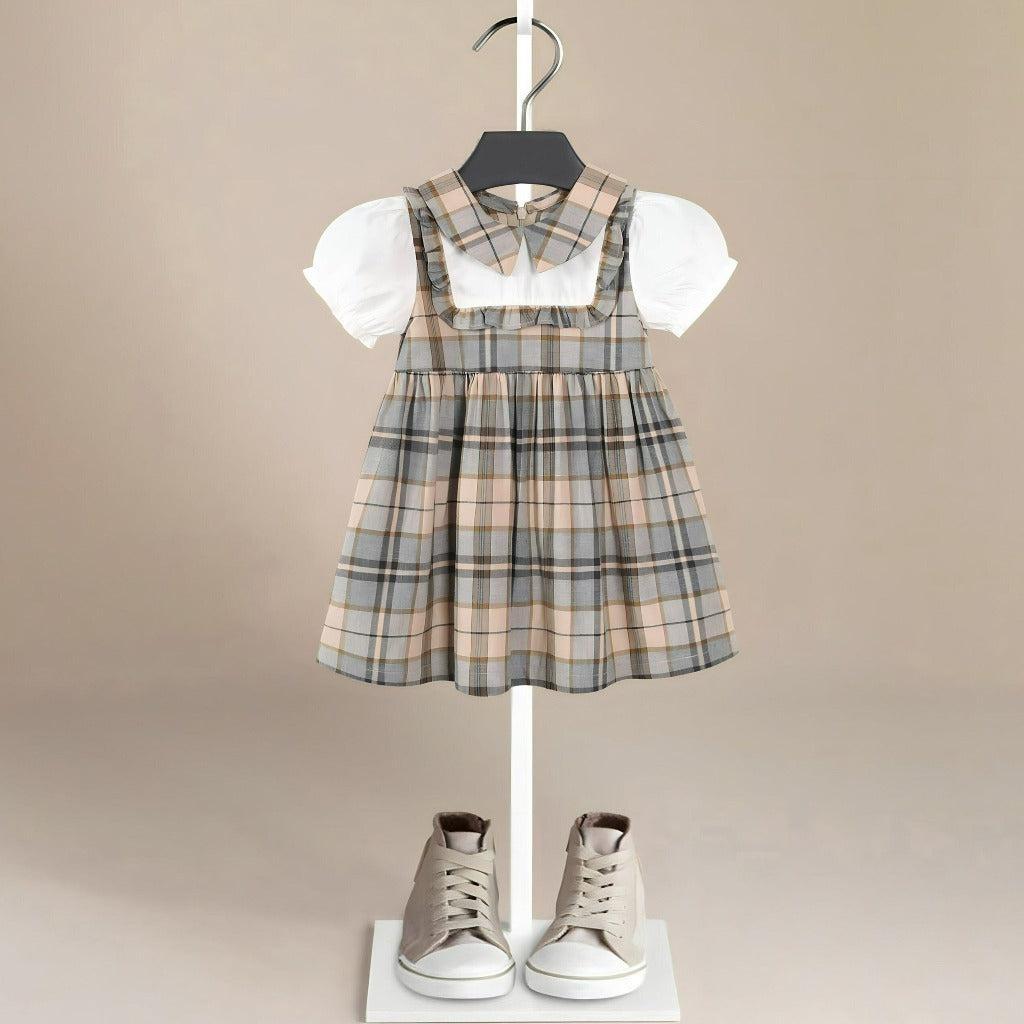 Vintage Girls' Tartan Dress in Beige Plaid with White