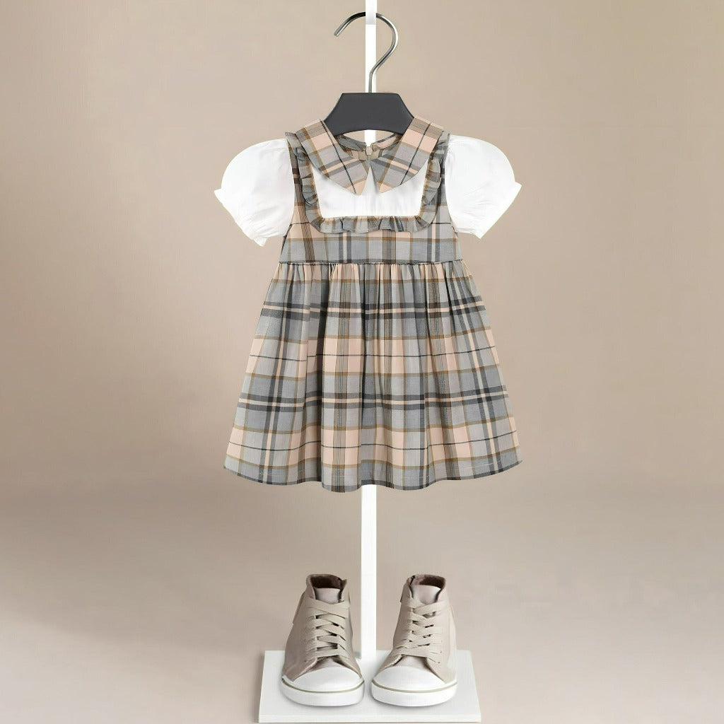 ONEAKIDS Baby & Toddler clothing Vintage Girls' Tartan Dress in Beige Plaid with White